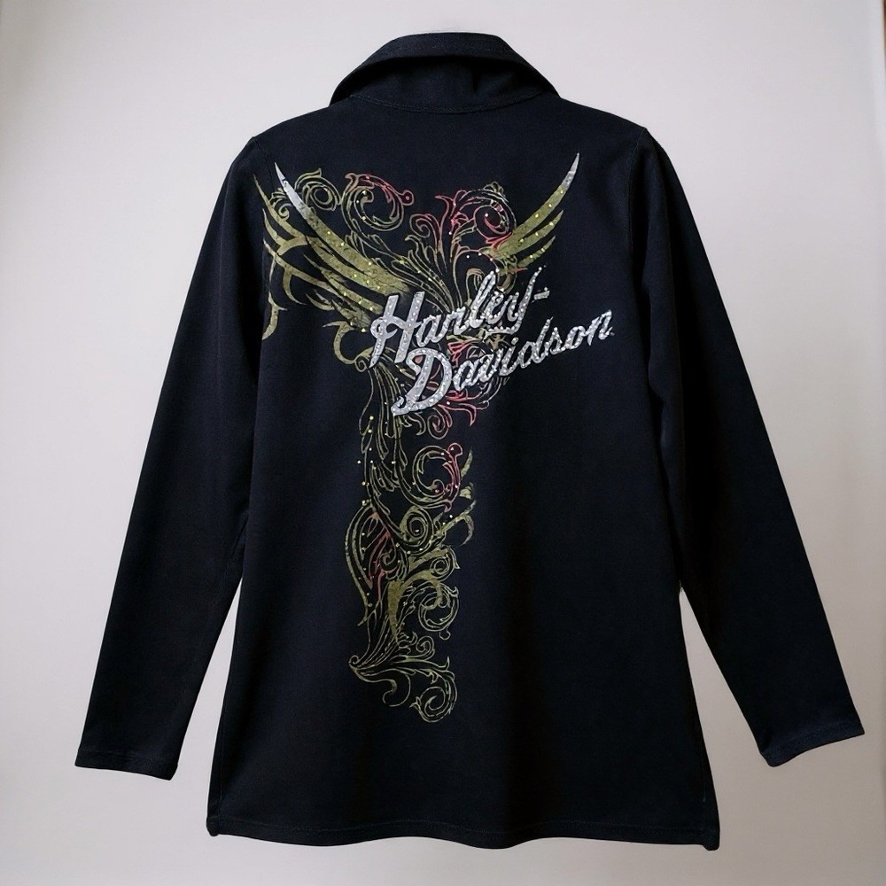 Harley Davidson Sweatshirt Women M Black Full Zip Double Side Graphic Rhinestone - Picture 3 of 10
